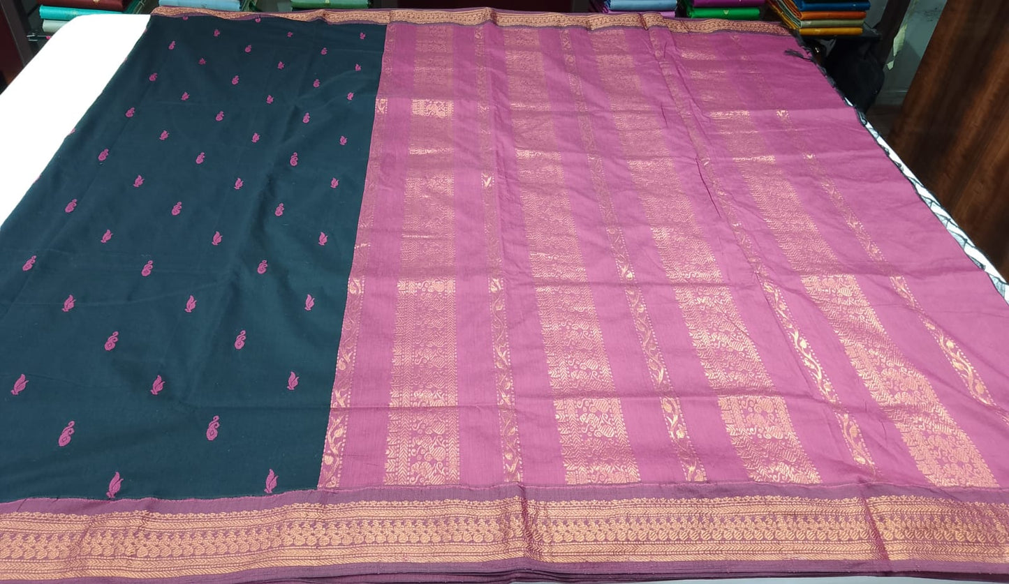 Kalyani Cotton Saree in Black with Rani Pink Zari Pallu