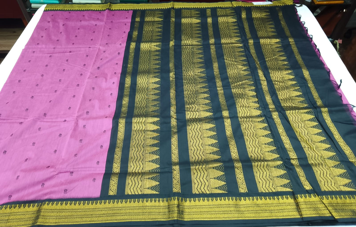 Kalyani Cotton Saree in Rani Pink with Black Antique Gold Zari Border