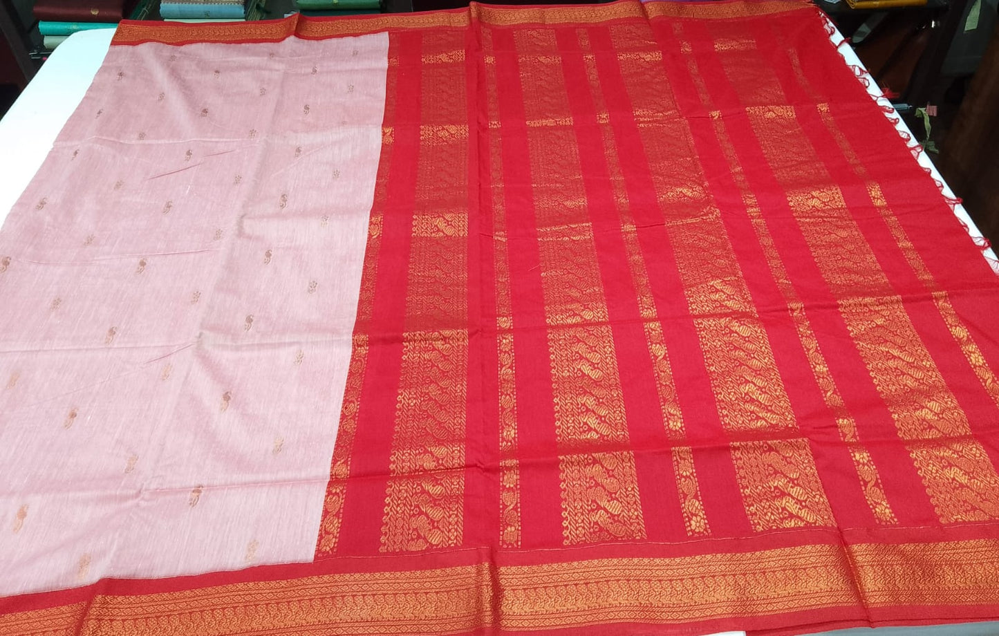 Kalyani Cotton Saree in Baby Pink with Vermilion Red Zari Pallu
