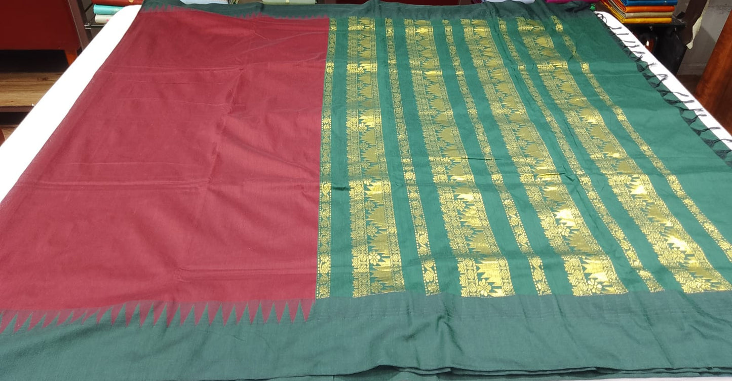 Rust Maroon Kalyani Cotton Saree with Bottle Green Zari Woven Pallu