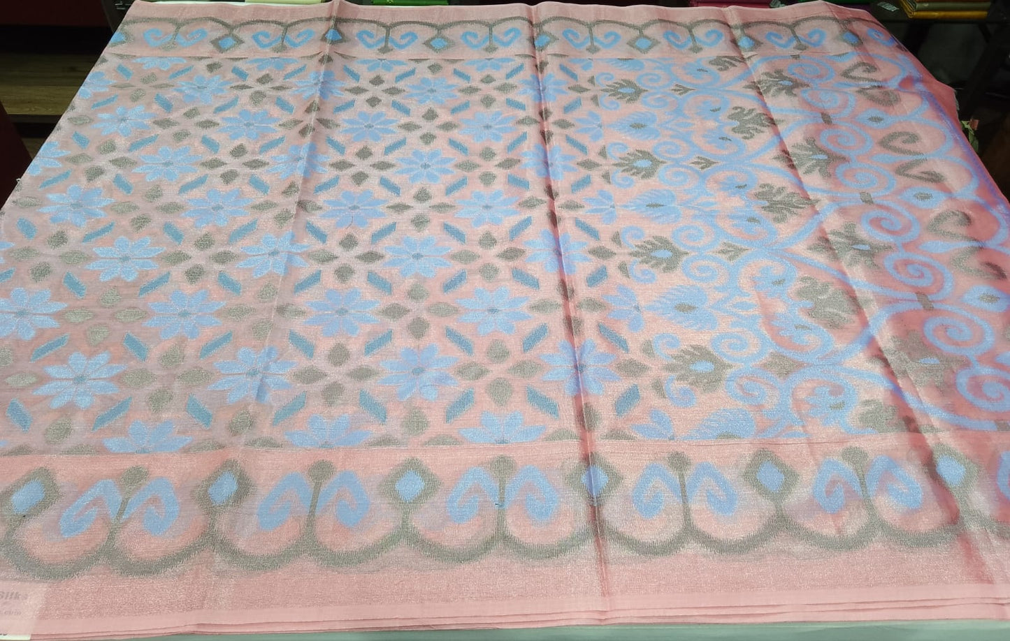 Meena Tissue Saree in Blush Pink with Powder Blue Floral Weaves & Silver Grey Accents