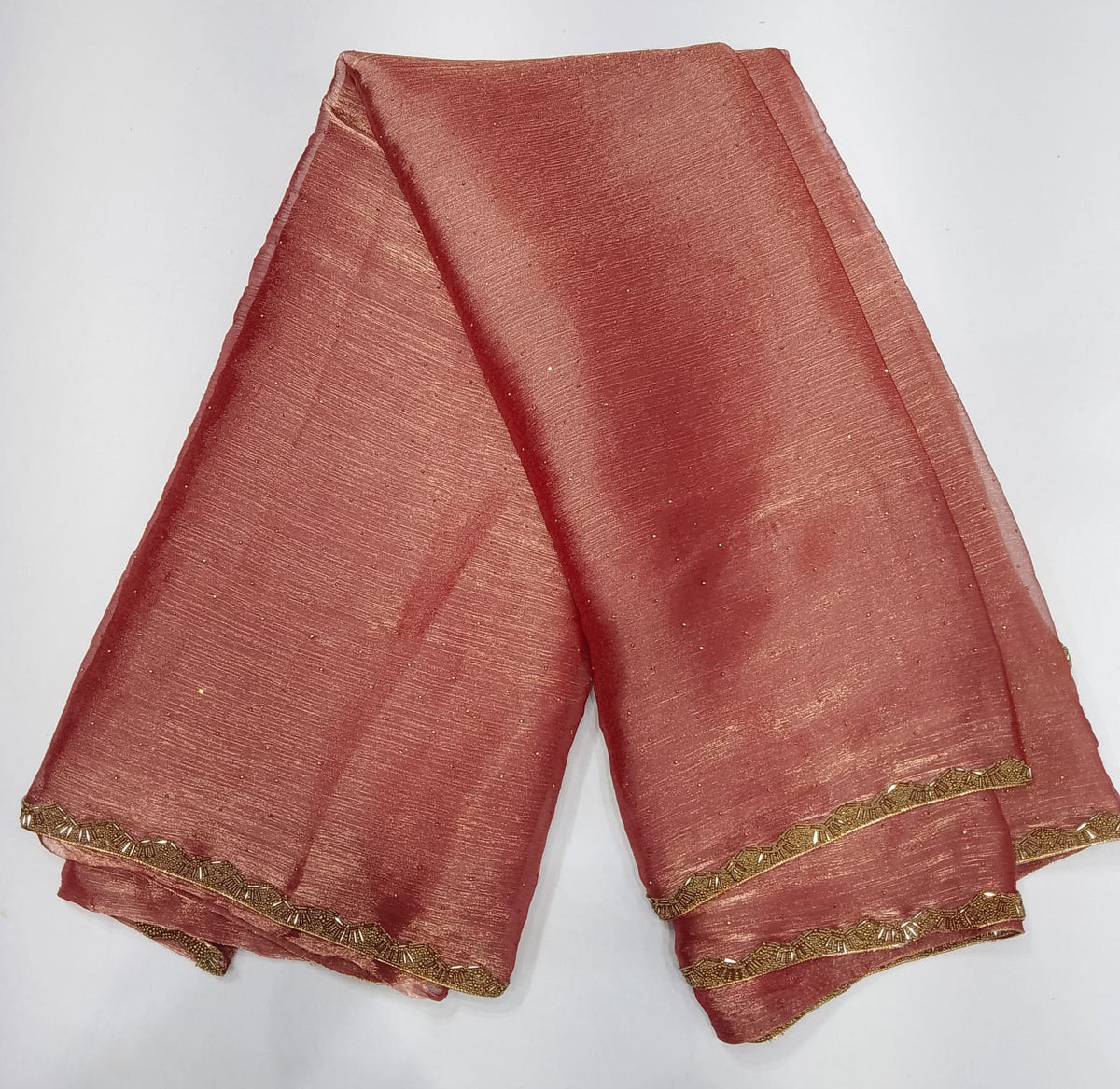 Elegant Dusty Rose Space Silk Jimmy Choo Saree with Antique Gold Embellished Border