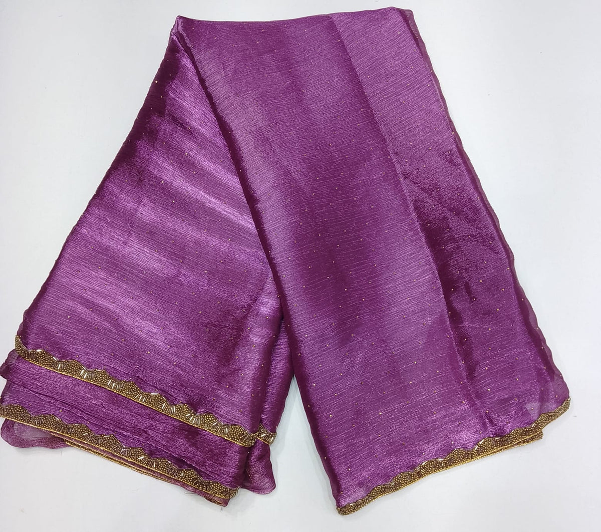 Elegant Orchid Purple Space Silk Jimmy Choo Saree with Gold Embellished Border