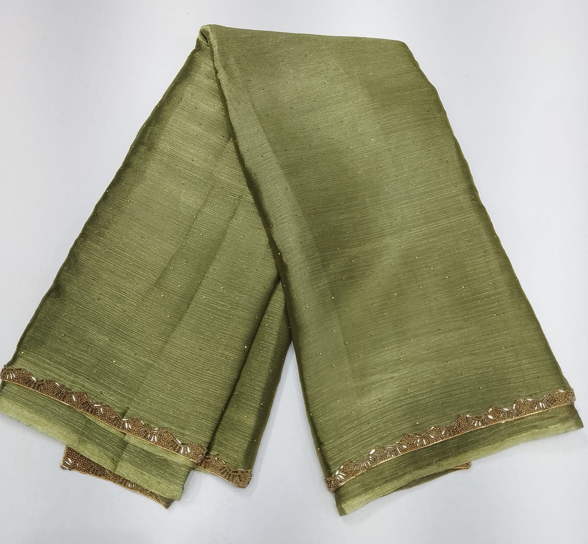 Elegant Sage Green Space Silk Jimmy Choo Saree with Antique Gold Designer Border