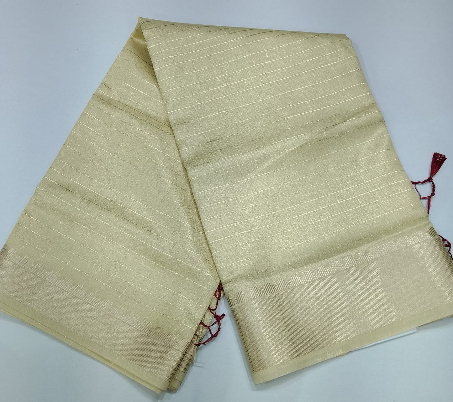 Elegant Ivory Cream Linen Tissue Saree with Maroon Designer Blouse & Golden Zari Border