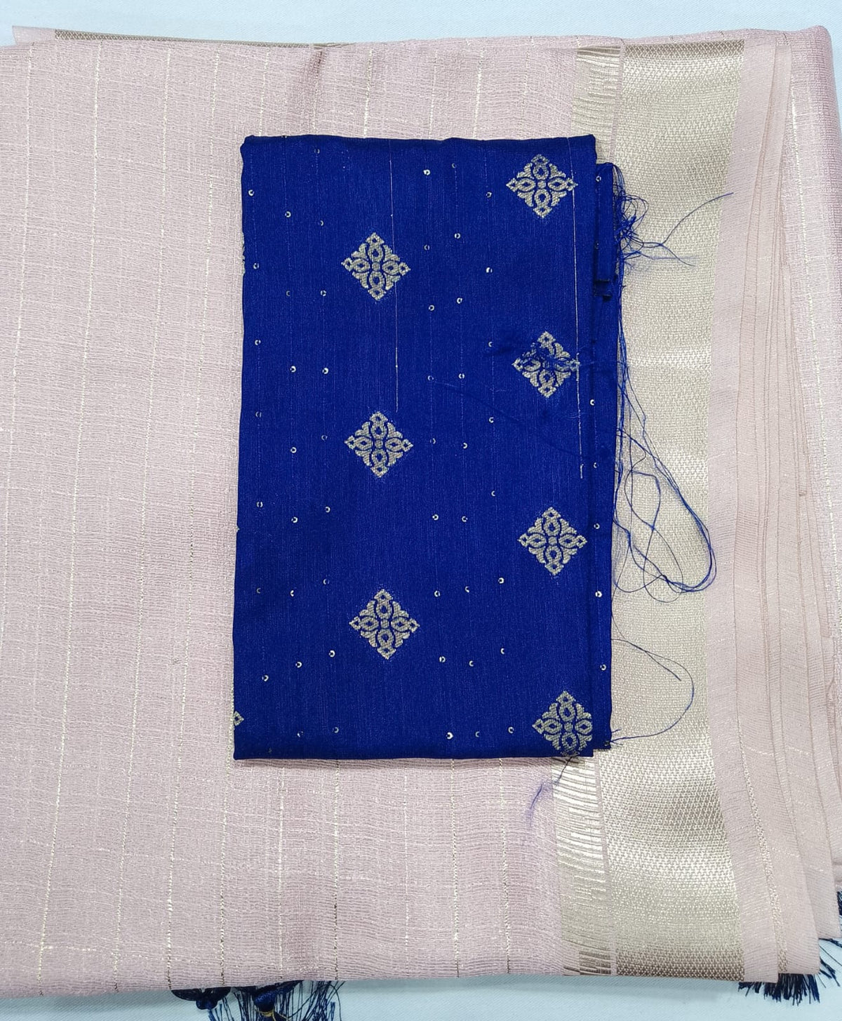 Graceful Pink Linen Saree with Royal Blue Designer Blouse & Silver-Gold Zari Border