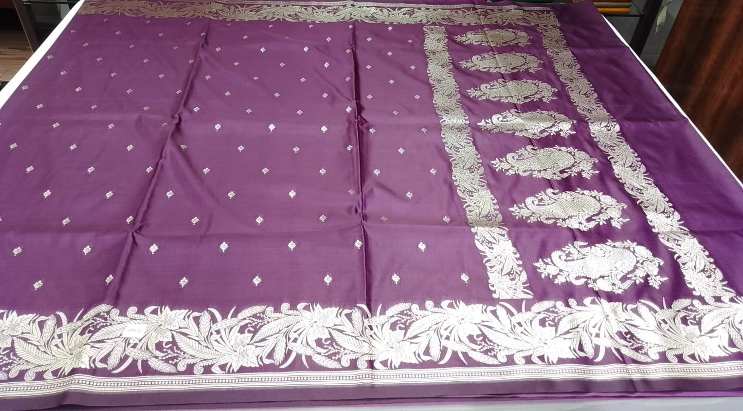 Banarasi Mashroo Silk Saree in Royal Plum Purple with Silver Zari Floral Border
