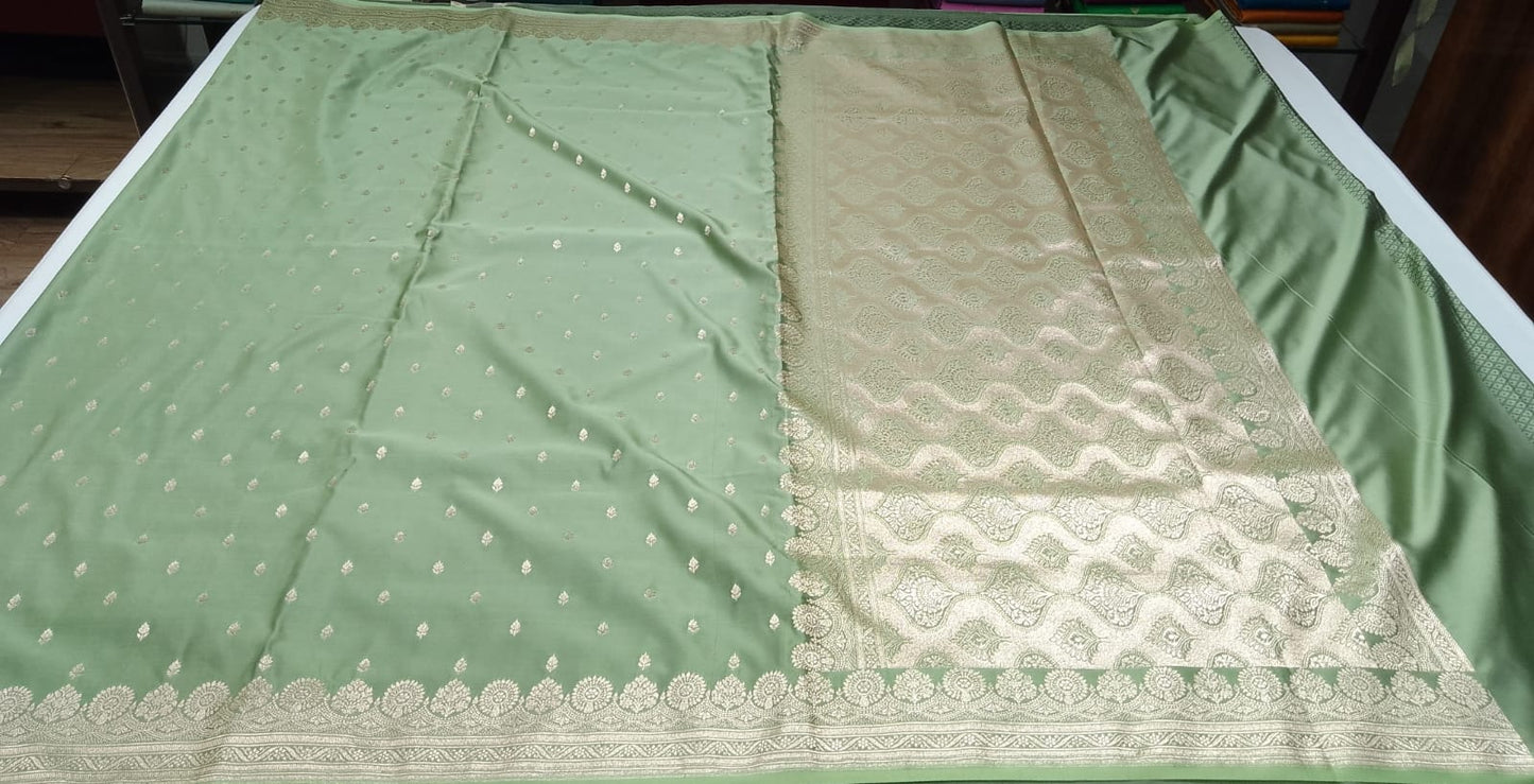 Banarasi Mashroo Silk Saree in Sage Green with Silver Zari Elegance