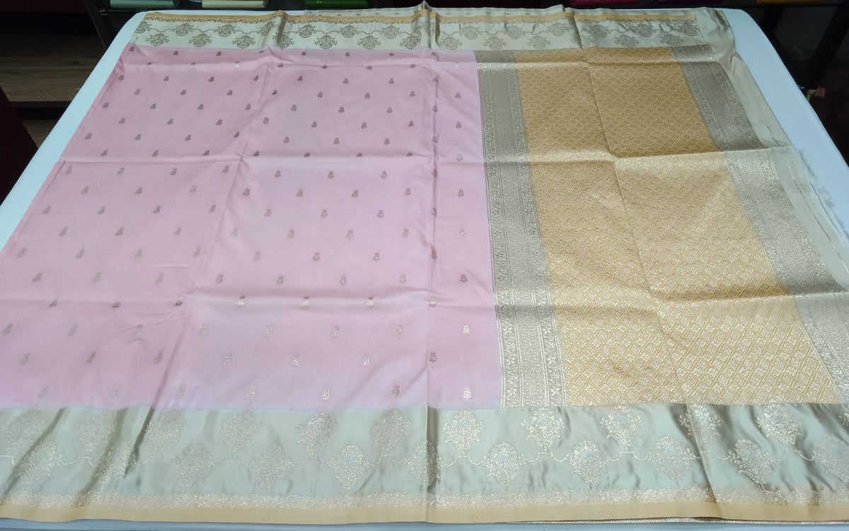 Elegant Baby Pink Banarasi Silk Saree with Silver-Gold Zari Floral Border