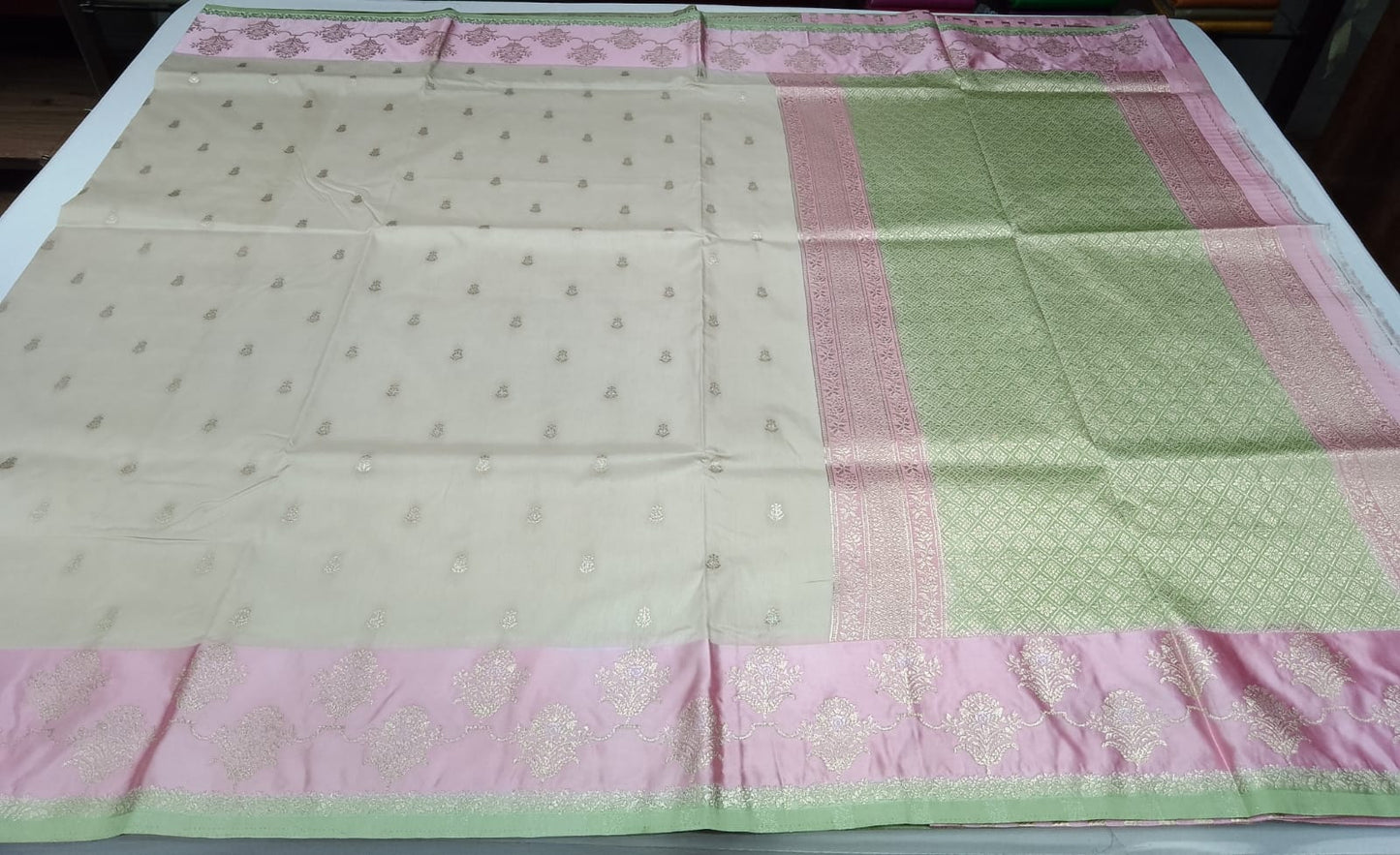 Elegant Ivory Beige Banarasi Saree with Blush Pink & Mint Green Zari Border