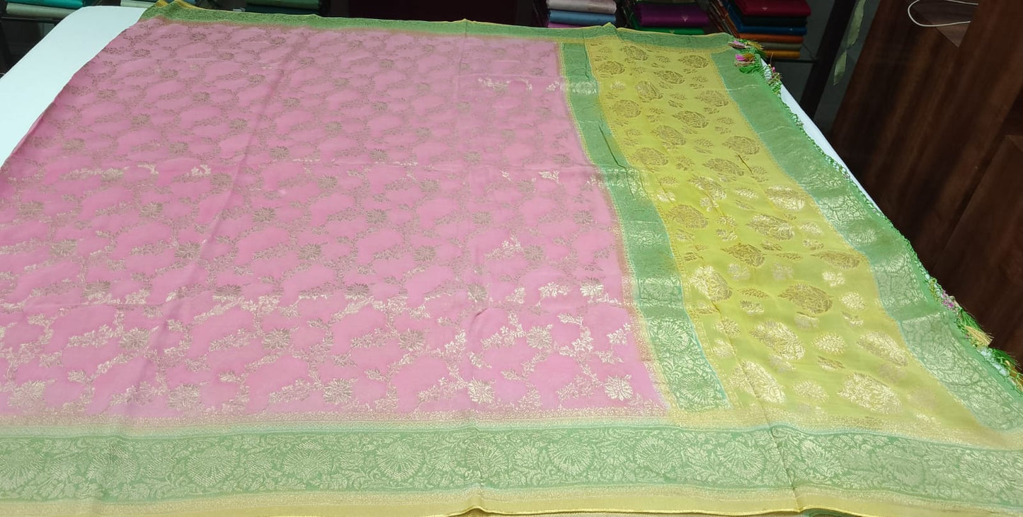 Rose Pink Banarasi Georgette Rangkat Saree with Mint Green Floral Border