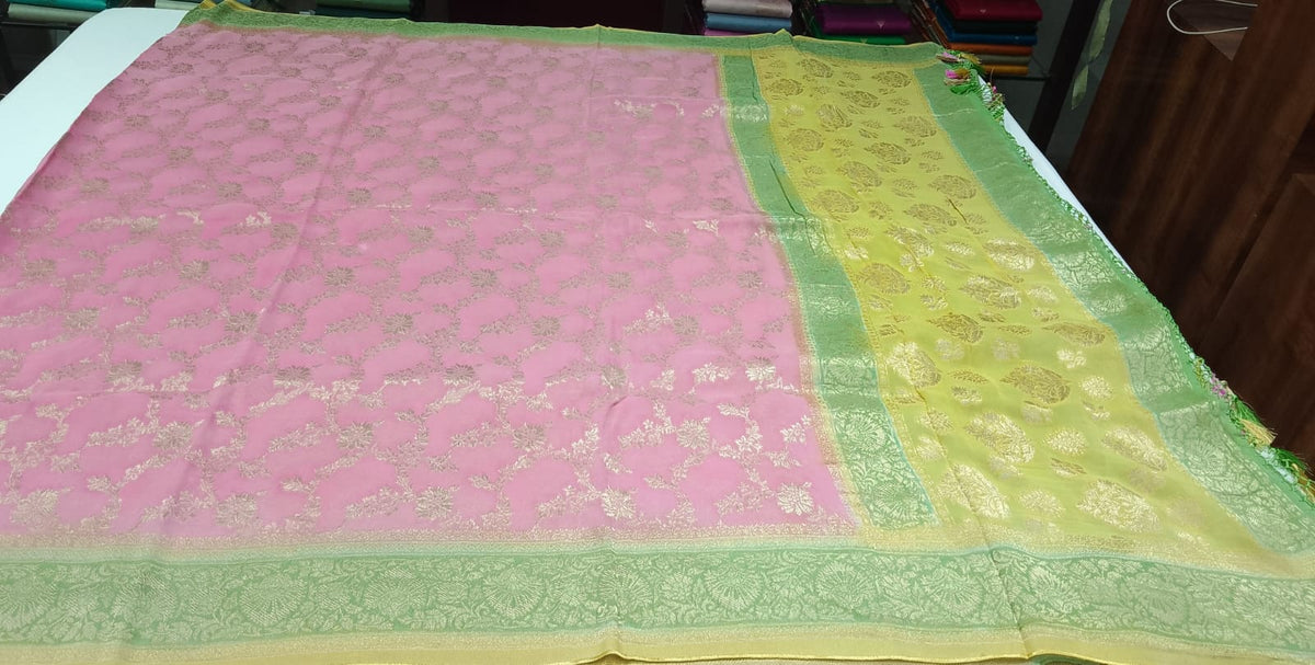 Rose Pink Banarasi Georgette Rangkat Saree with - Mint Green Floral Border