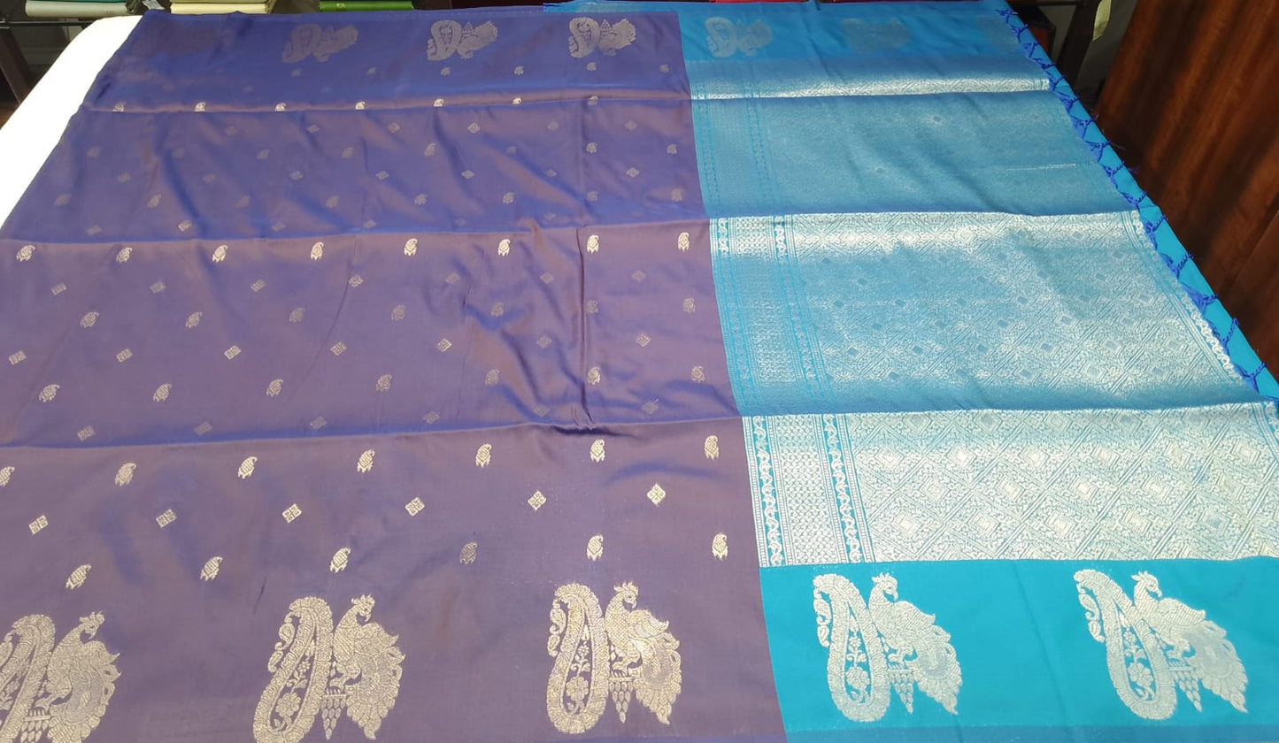 Semi Soft Silk Royal Violet Saree with Aqua Blue Silver Zari Pallu