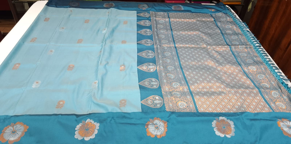Sky Blue Semi Soft Silk Meenakari Saree with Teal Blue Designer Border & Rich Woven Pallu