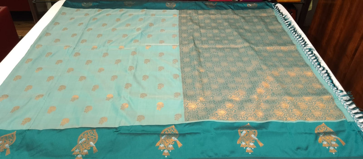 Graceful Aqua Blue Semi Soft Silk Meenakari Saree with Deep Teal Border & Rich Woven Pallu