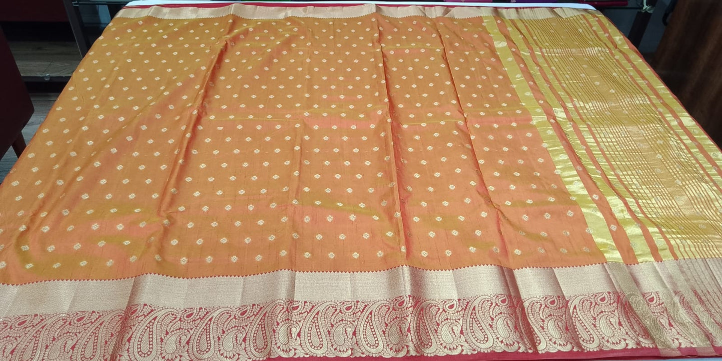 Dual Shade Peach Orange Tussar Semi Silk Saree with Rich Gold Zari Border
