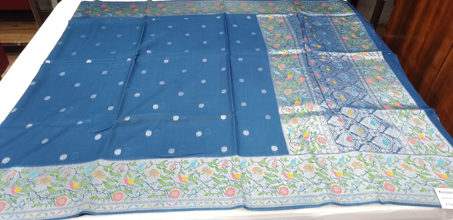 Royal Sapphire Blue Banarasi Tussar Georgette Saree with Silver Floral Bird Border