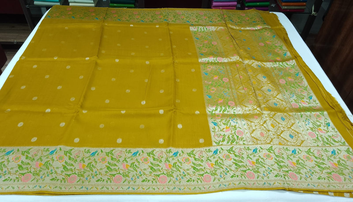 Mustard Gold Banarasi Tussar Georgette Saree with Silver Floral Bird Border
