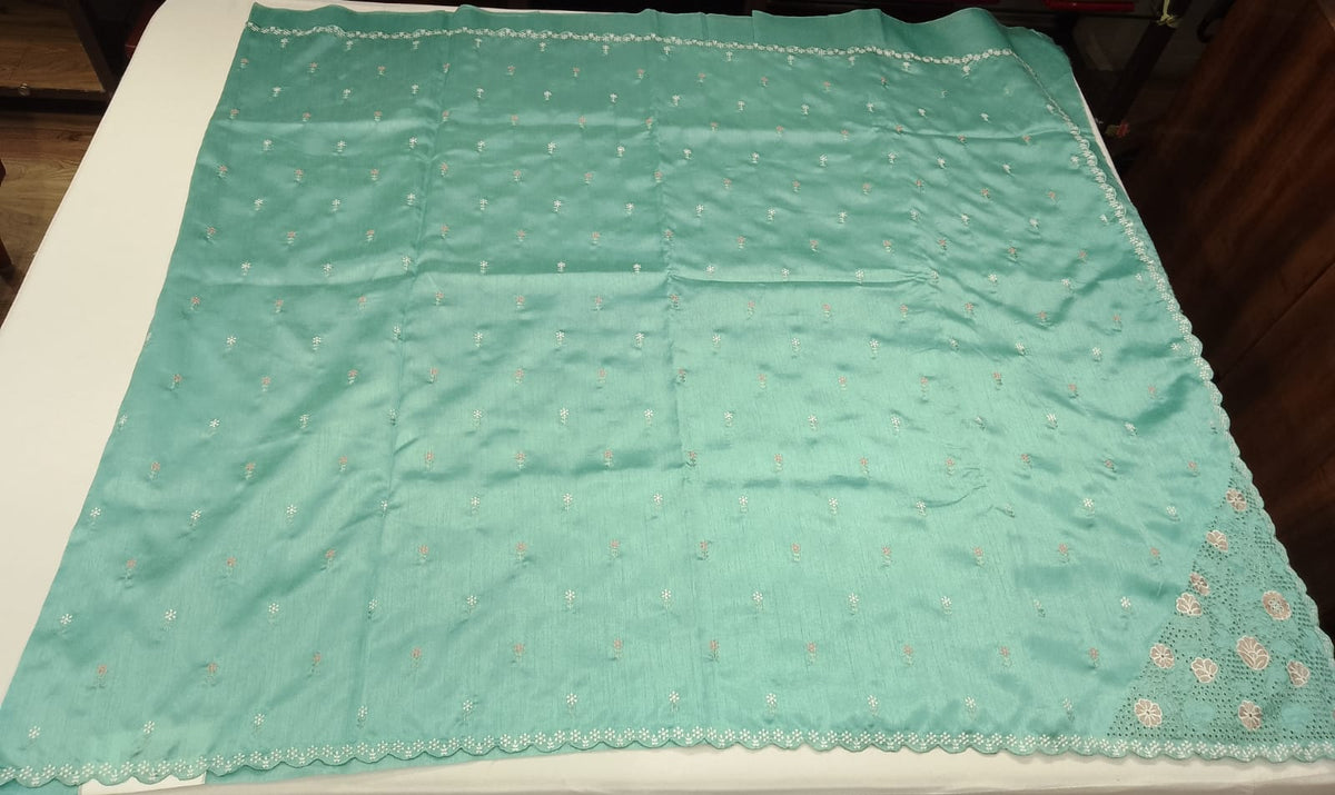 Sky Blue Tussar Cutwork Semi Silk Saree with Floral Embroidered Scallop Border