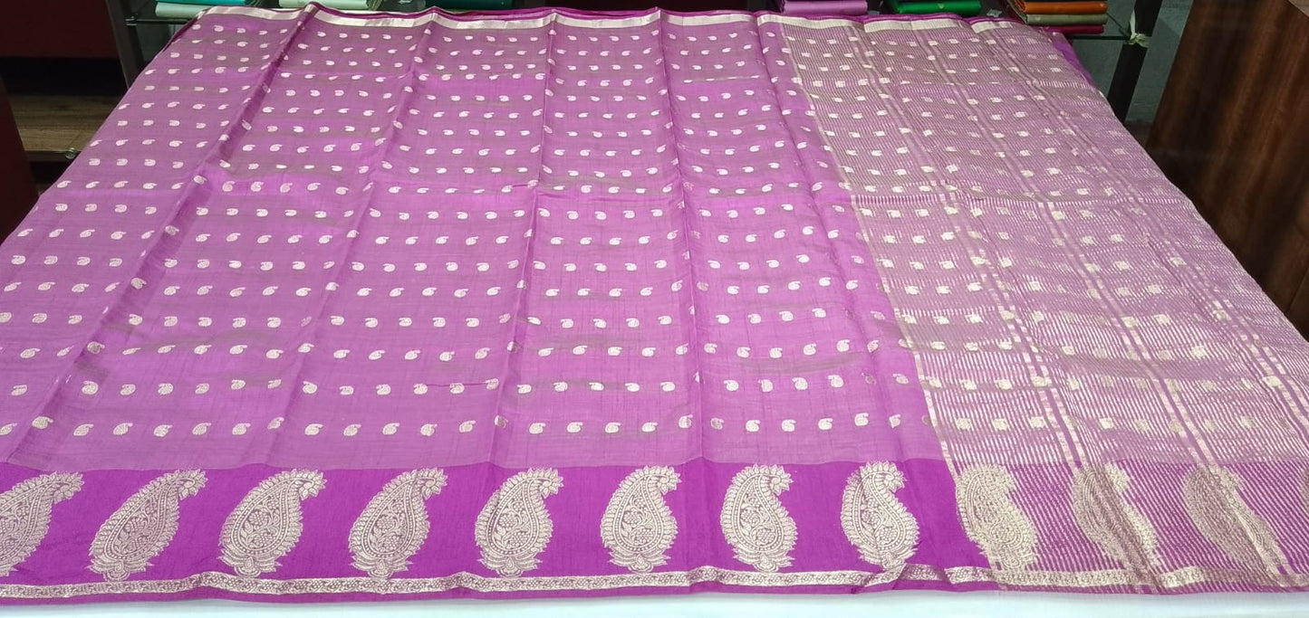 Magenta Pink Tussar Semi Silk Saree with Silver Paisley Weaving