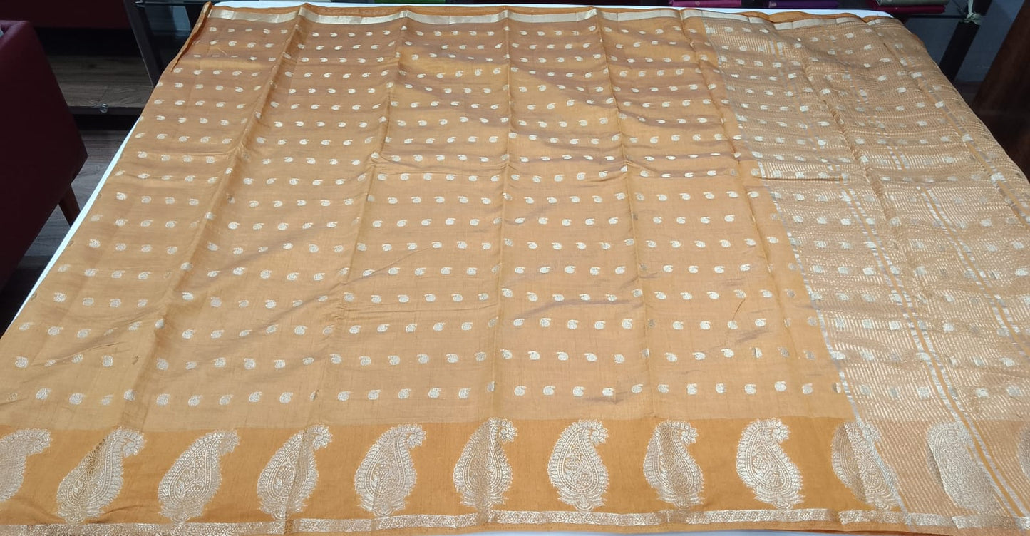 Mustard Gold Tussar Semi Silk Saree with Antique Gold Paisley Weaving