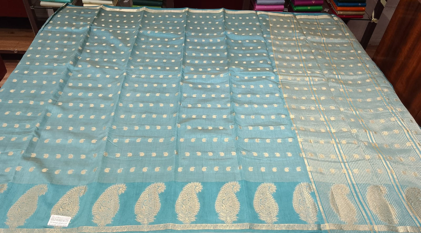 Aqua Blue Tussar Semi Silk Saree with Antique Gold Paisley Weaving