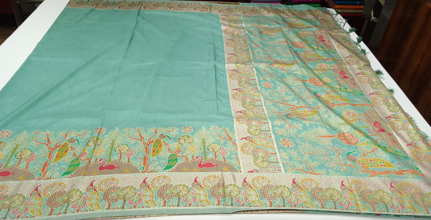Peacock Heritage Saree – Aqua Mint Green with Antique Gold Woven Pallu
