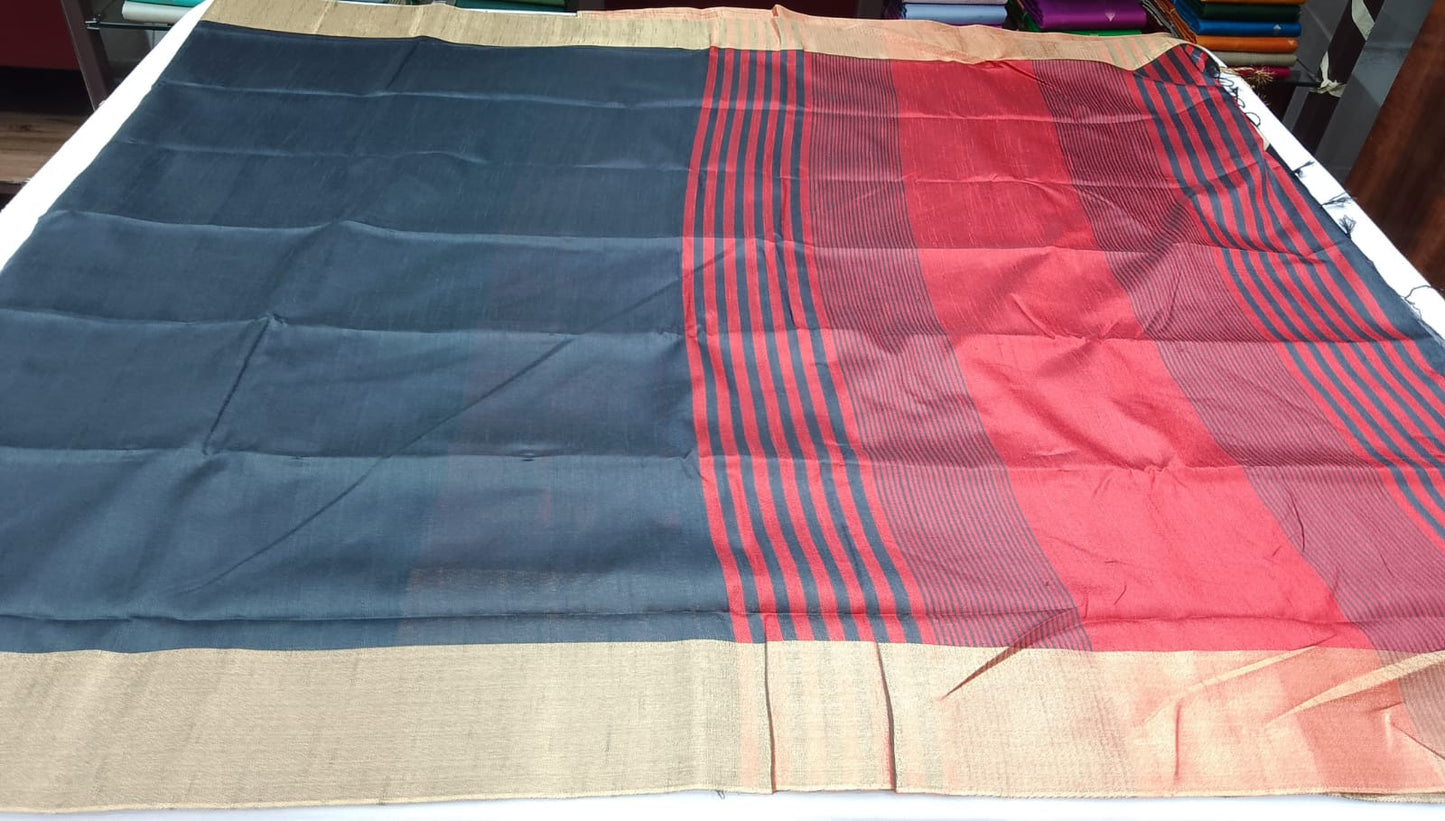 Premium Raw Silk Saree – Midnight Black with Vermilion Red Striped Pallu
