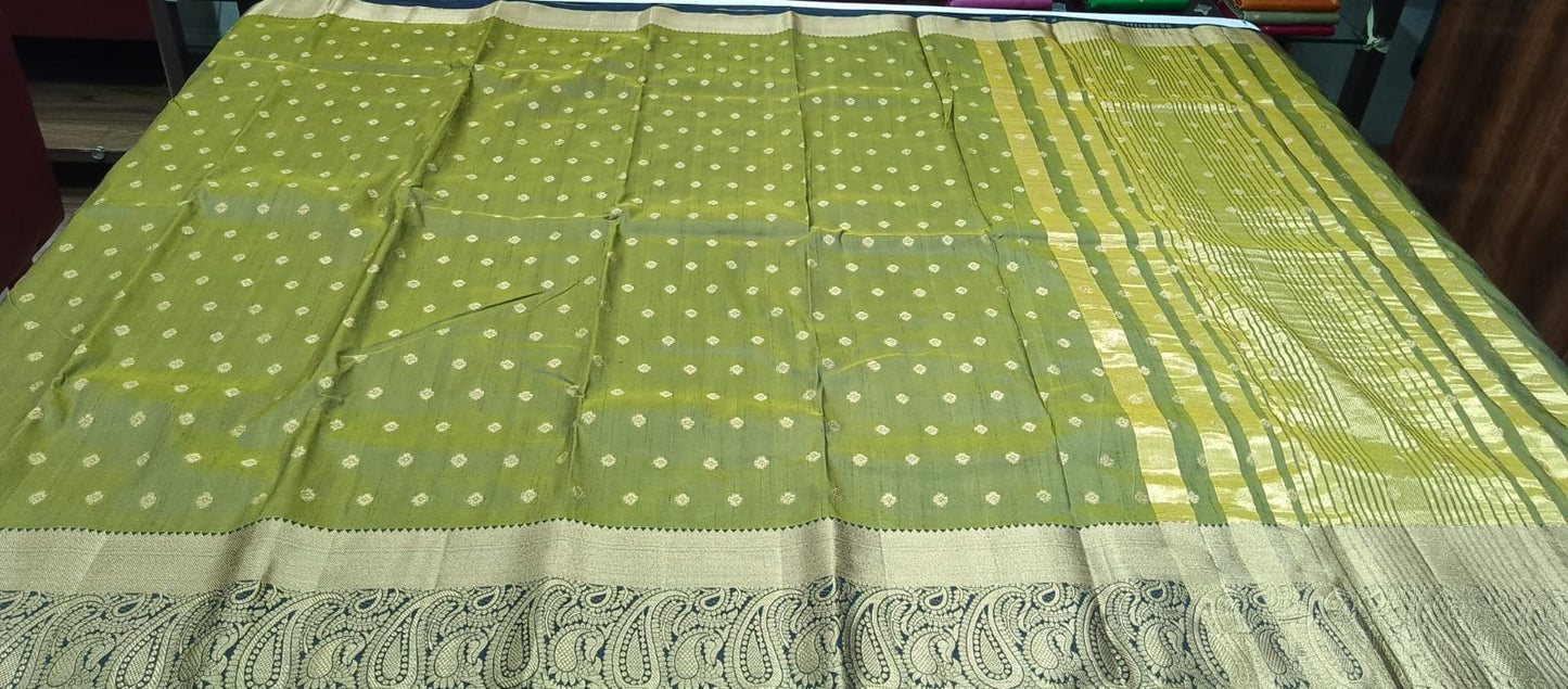 Olive Green Dual Shade Tussar Semi Silk Saree with Antique Gold Paisley Border
