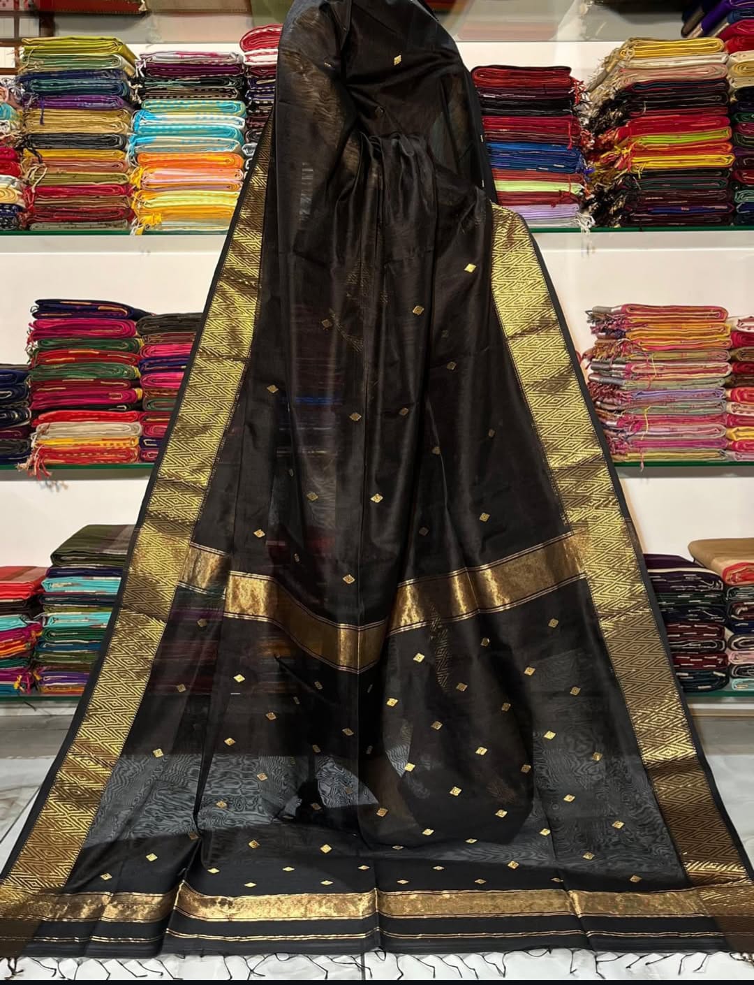 Classic Black Pure Maheshwari Handloom Silk Saree with Antique Gold Zari Border