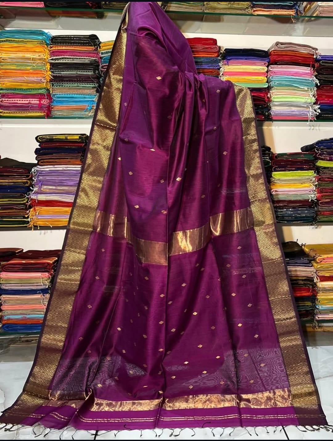 Royal Purple Pure Maheshwari Handloom Silk Saree with Antique Gold Zari Border