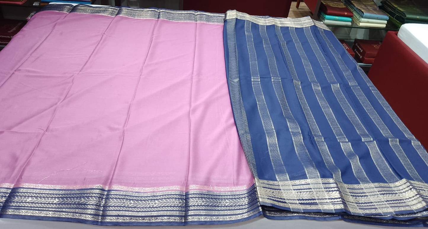 Mysore Silk Saree in Orchid Pink with Royal Navy Blue Zari Border & Pallu
