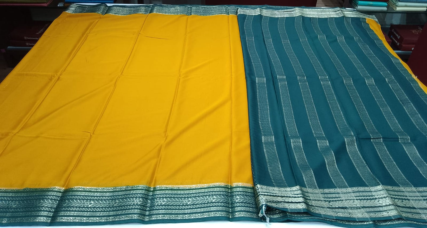 Mysore Silk Saree in Mustard Yellow with Bottle Green Silver Zari Border & Pallu