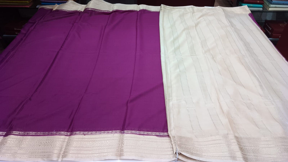 Mysore Silk Saree in Royal Wine Purple with Ivory Cream Silver Zari Border & Pallu