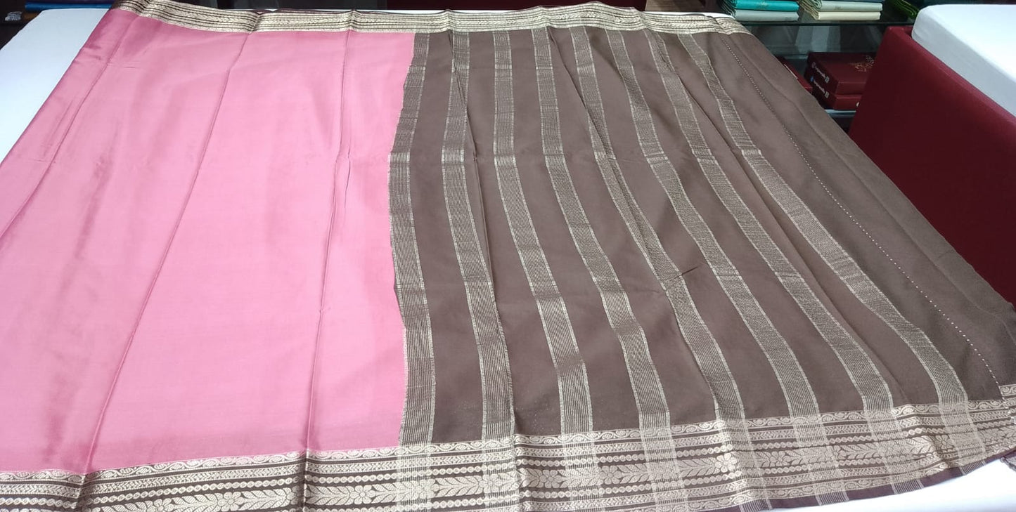 Mysore Silk Saree in Rose Pink with Coffee Brown Gold Zari Border & Pallu