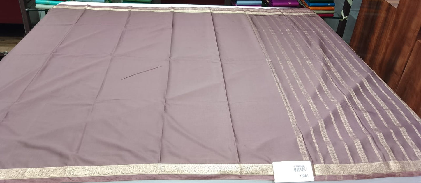 Mysore Silk Saree in Mocha Brown with Gold Zari Border & Self Striped Pallu