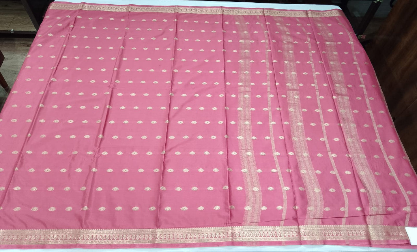 Mysore Silk Coral Pink Saree with Traditional Gold Zari Buttas & Elegant Woven Border