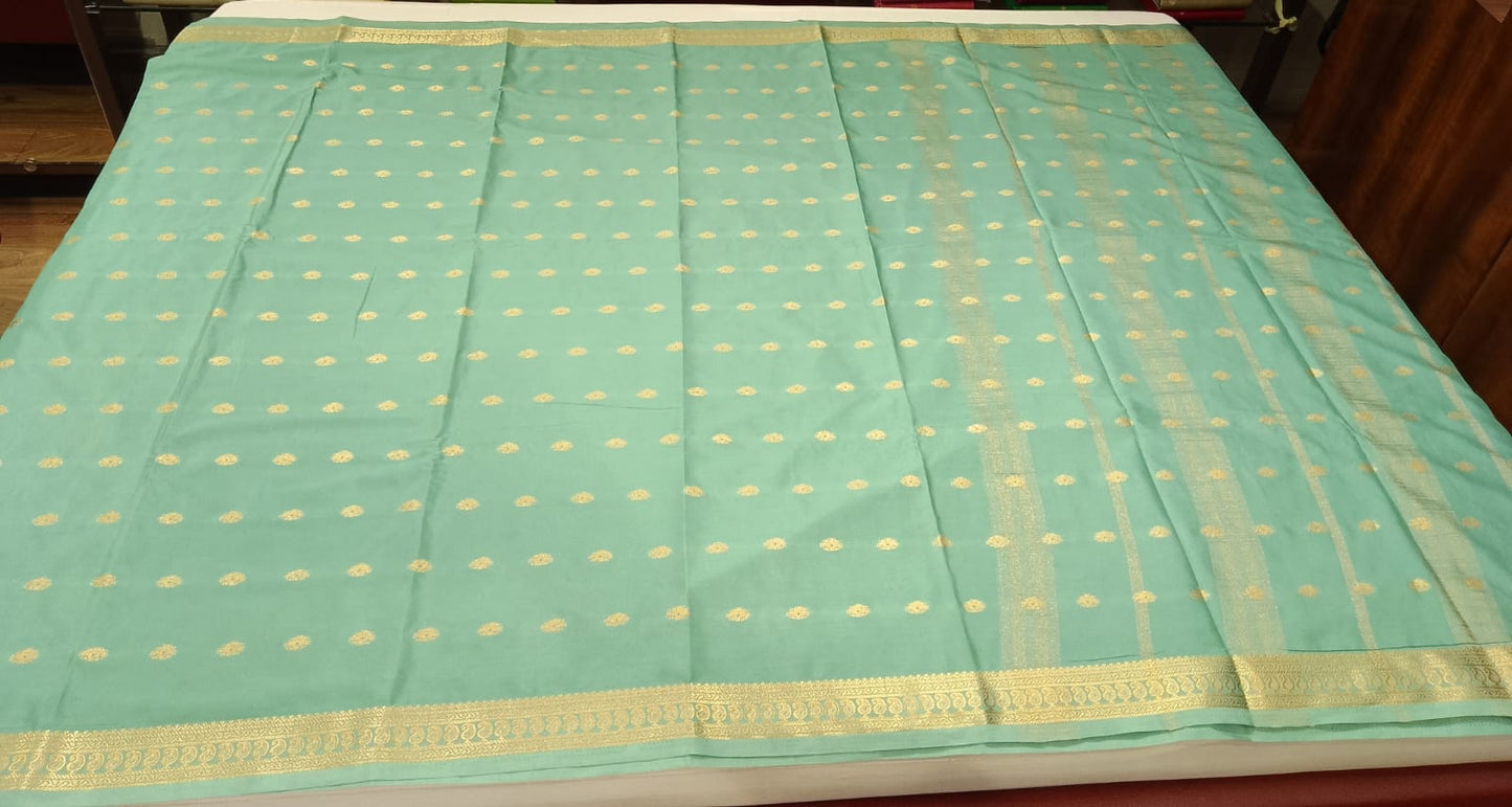 Mysore Silk Light Aqua Green Saree with Gold Zari Buttas & Traditional Gold Border