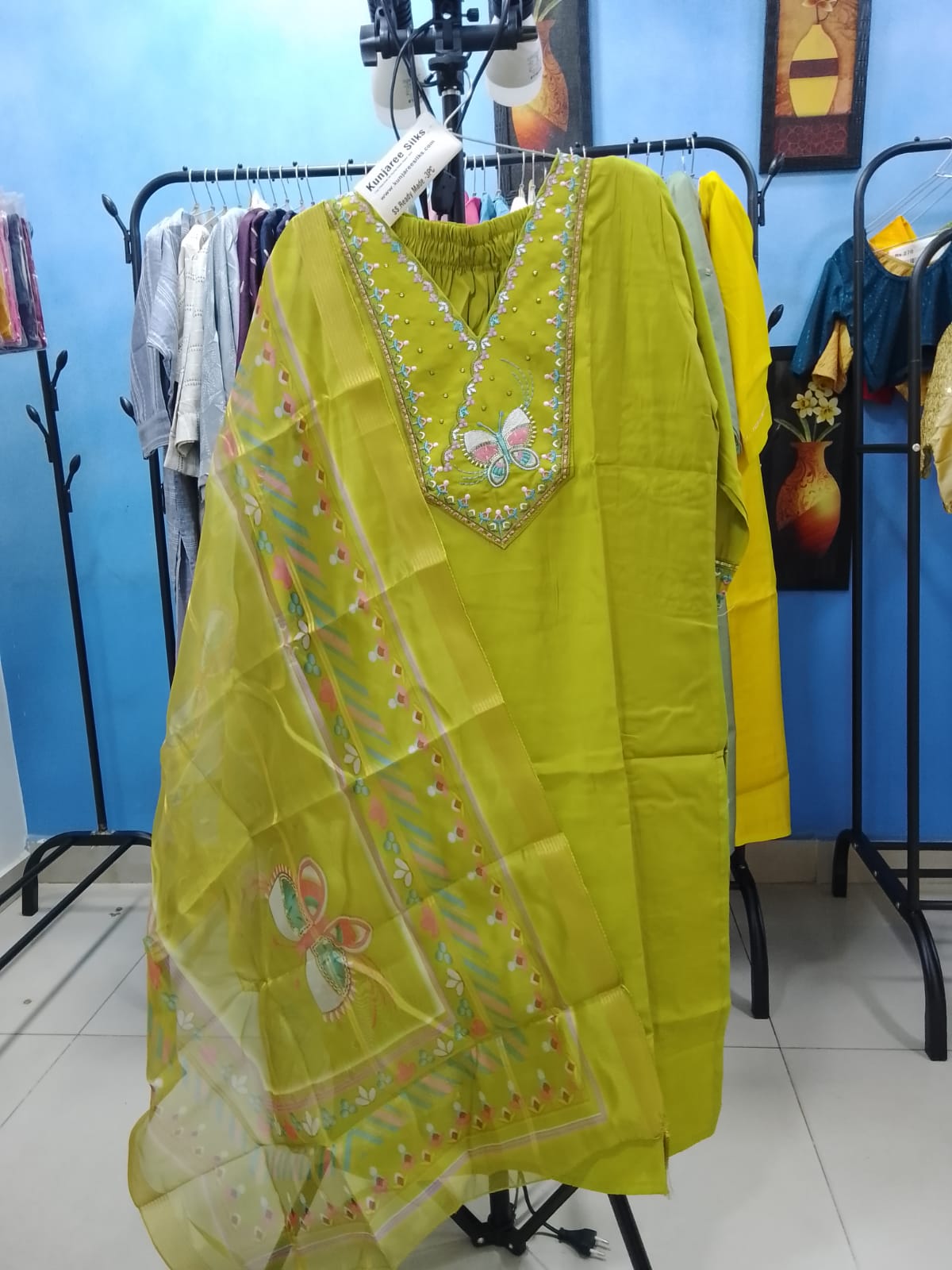 Elegant Parrot Green Salwar Suit with Butterfly Embroidery & Organza Printed Dupatta