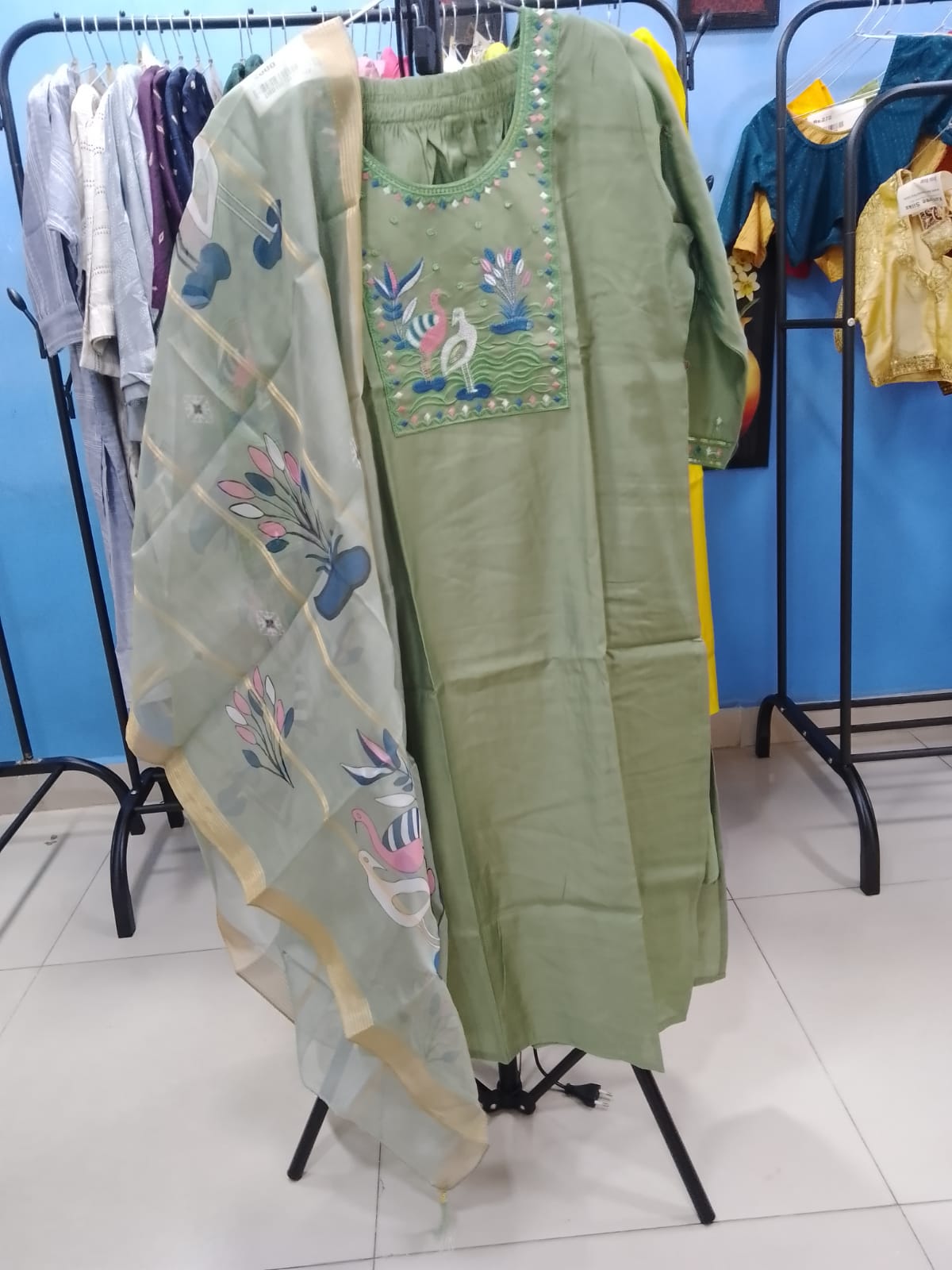 Elegant Sage Green Salwar Suit with Embroidered Neck & Printed Organza Dupatta