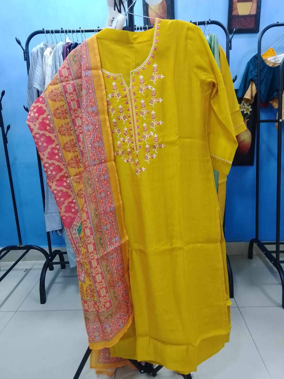 Elegant Mustard Yellow Salwar Suit with Floral Embroidery & Designer Printed Dupatta