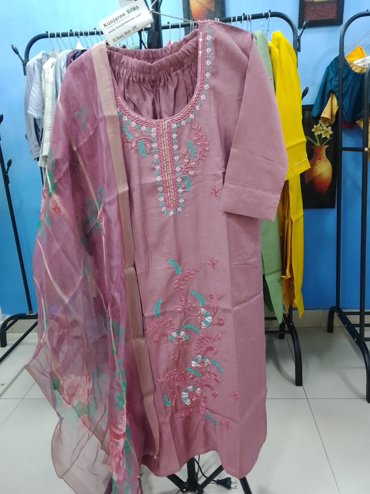 Elegant Dusty Mauve Pink Salwar Suit with Floral Embroidery & Organza Dupatta