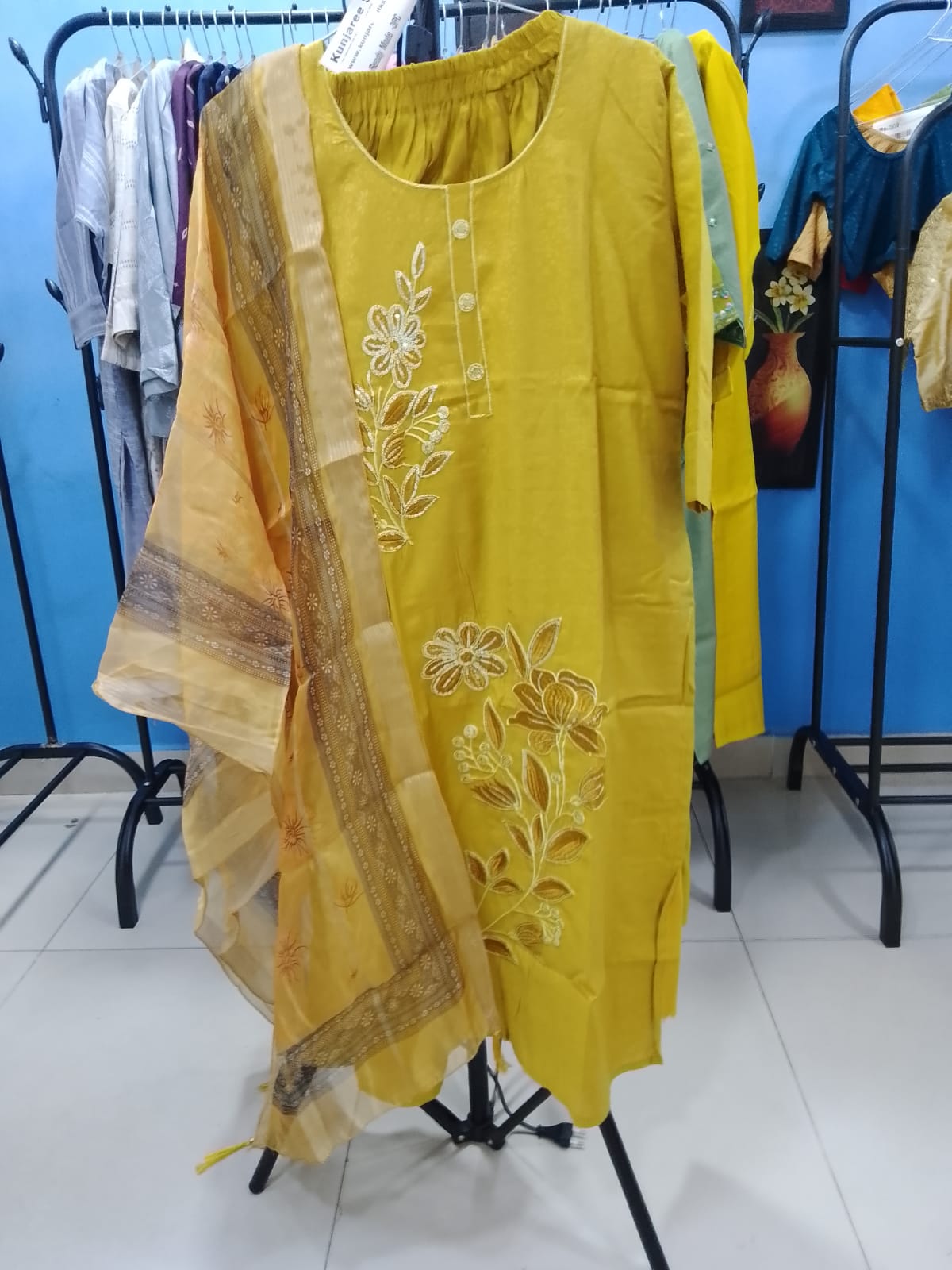 Elegant Mustard Yellow Embroidered Ready-Made Salwar Suit with Organza Dupatta