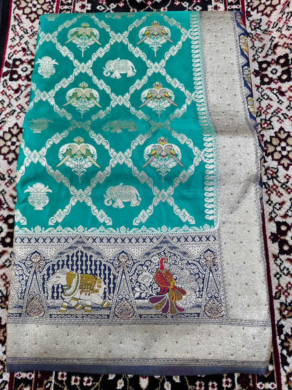 Bridal Teal Green Banarasi Silk Saree with Rich Silver Zari Elephant Pallu
