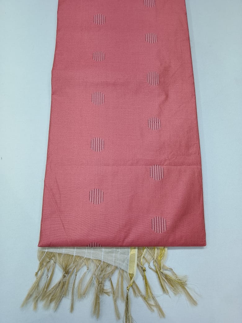 Rose Gold Silk Cotton Suit Set with Dual-Tone Striped Dupatta