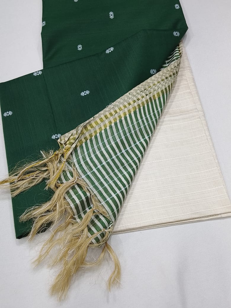 Emerald Green Silk Cotton Suit Set with Printed Dupatta & Off-White Salwar
