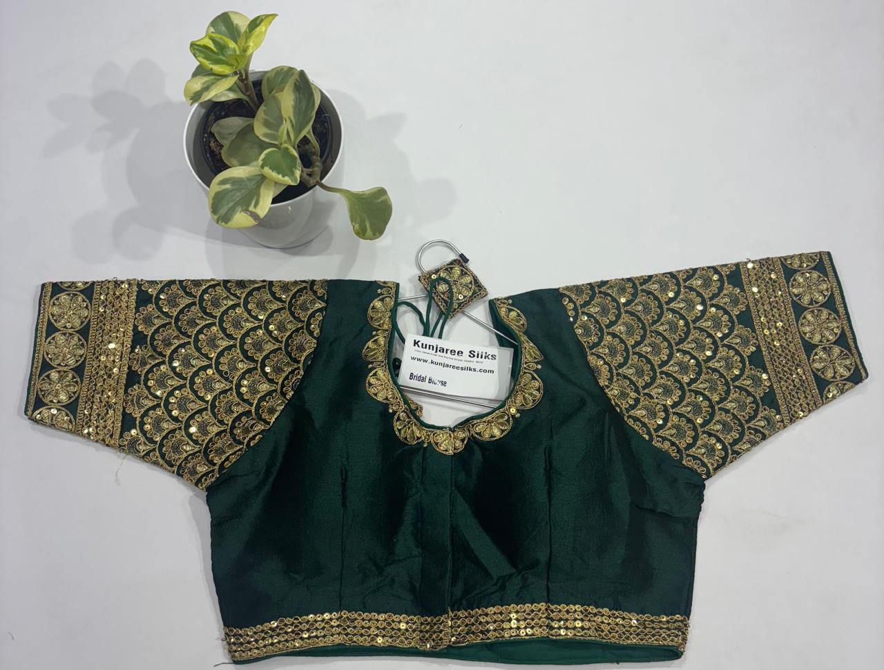 Emerald Green Bridal Readymade Blouse with Sleeves (32–42 Size Extendable)