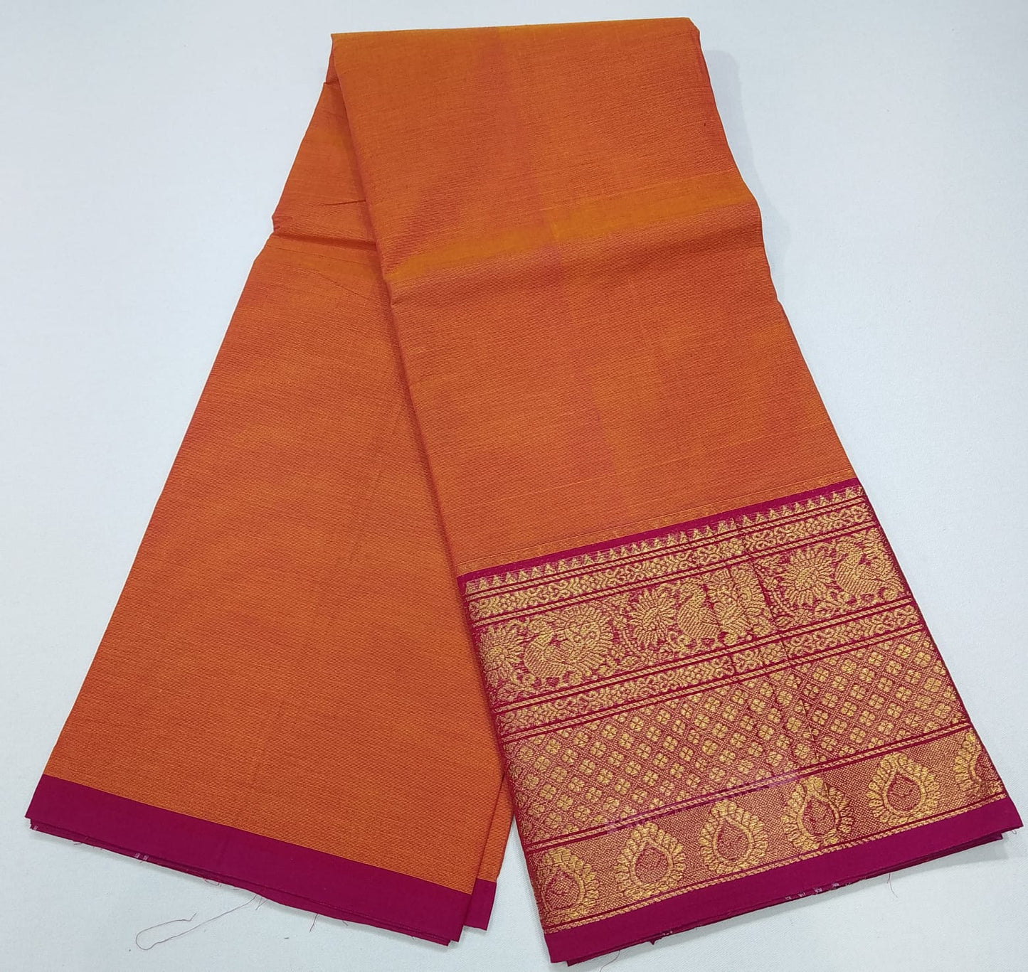 Rust Orange Chettinad Cotton Saree with Magenta Zari Border