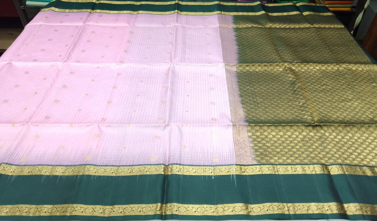 Graceful Baby Pink & Bottle Green Pure Silk Handloom Soft Silk Saree with Rich Gold Zari Pallu