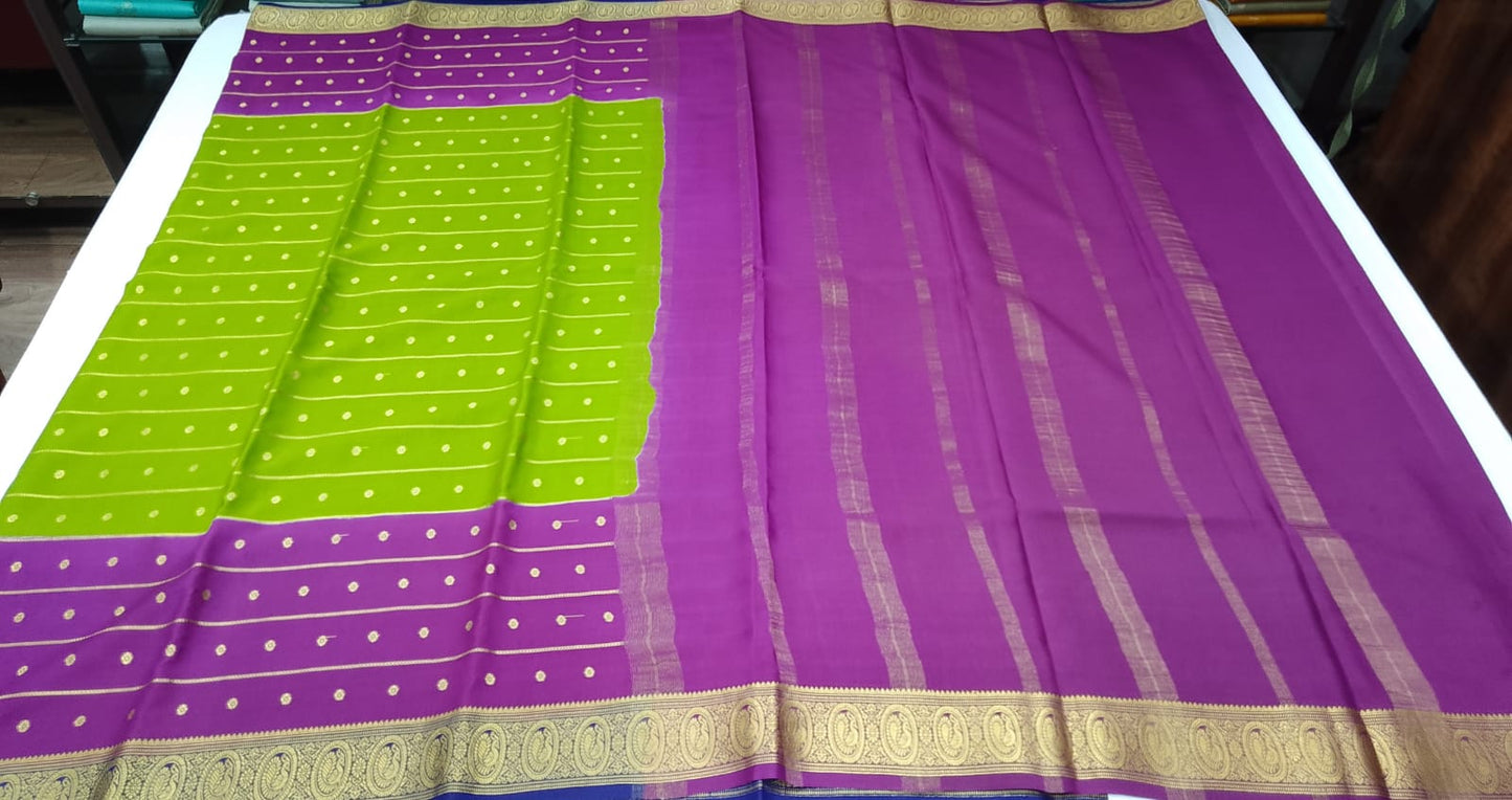 Pure Mysore Silk Saree in Parrot Green & Orchid Purple with Zari Buttas & Peacock Border